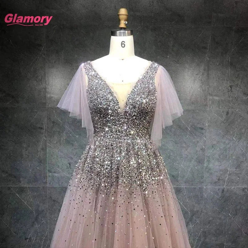 2021 New Design Pink Short Sleeve  a Line Beads Evening Sparkle Prom Dress Gowns