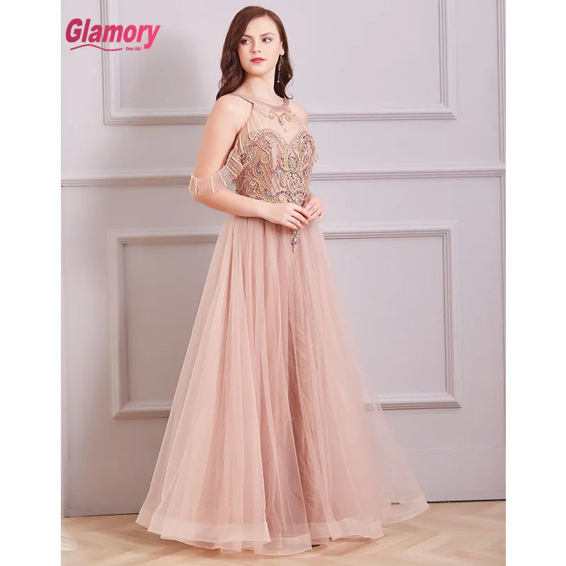 O-Neck Evening Dress  Off Shoulder Beads Handmade Tulle Party Dress