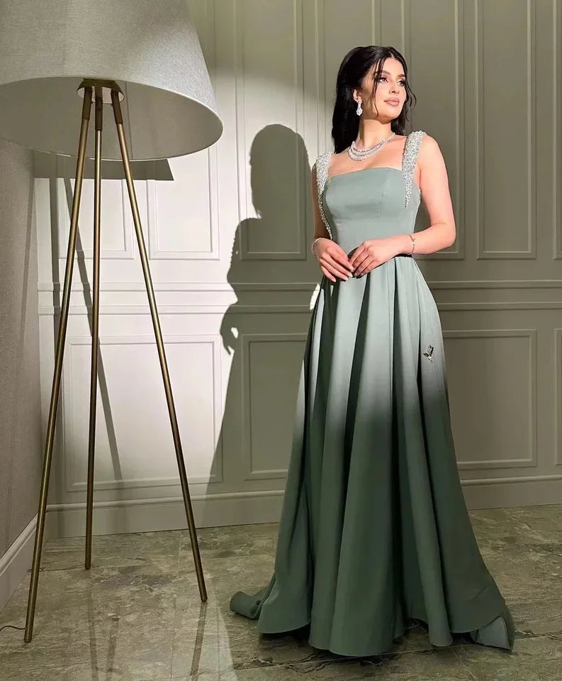 Green Satin a Line Ruched Long Prom Dresses Beaded Off Shoulder Birthday Party Formal Occasion Evening Gowns