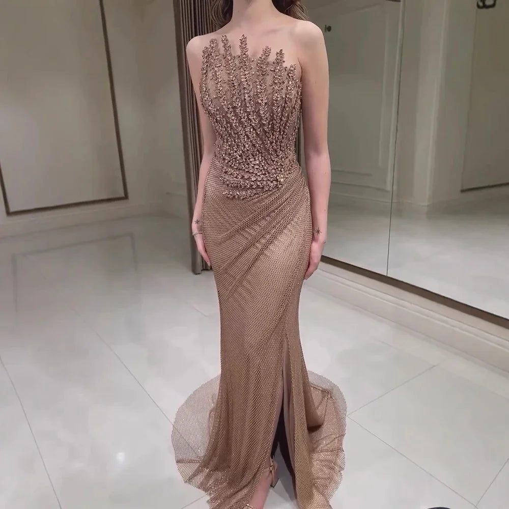 Gold Luxury Dubai Caramel Mermaid Evening for Women 2025 Sparkly Crystal Floor-Length Sweep for Weddings Proms