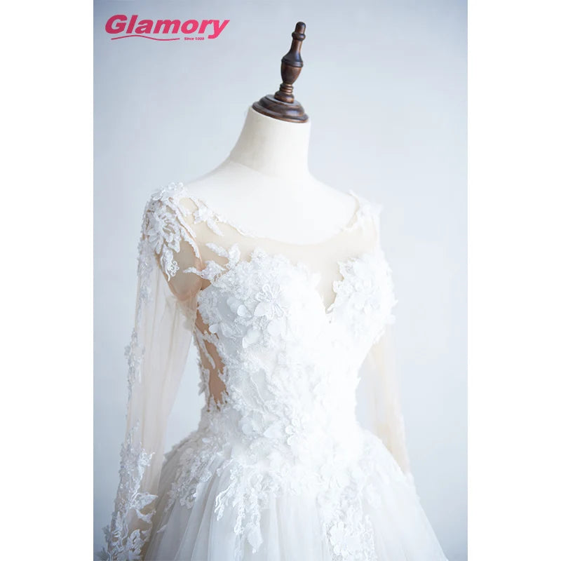 2020 New Arrival Long Sleeve Backless Floral Appliques Ball Gown Tulle Wedding Dress