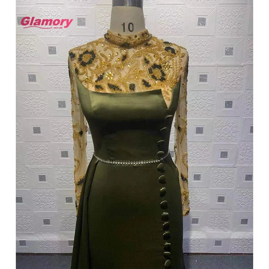 2022 New Arrival Fashion High Neck Elegant Gown Ladies Long Sleeves Mermaid Beaded Evening Gowns