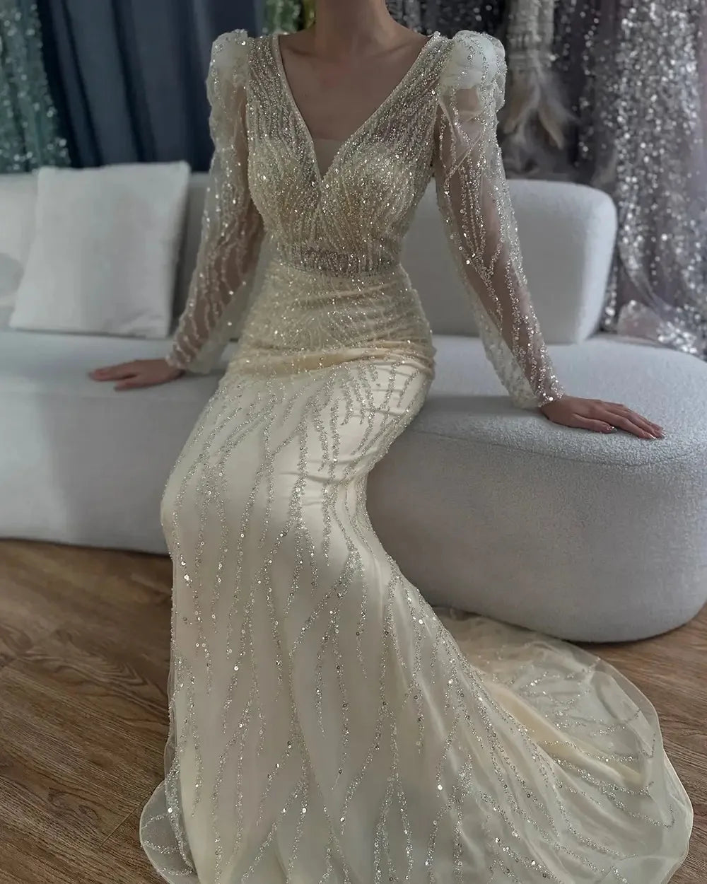 Muslim V-Neck Long Sleeves Mermaid Beaded Evening Dress Elegant Formal Party Gowns 2025 for Women