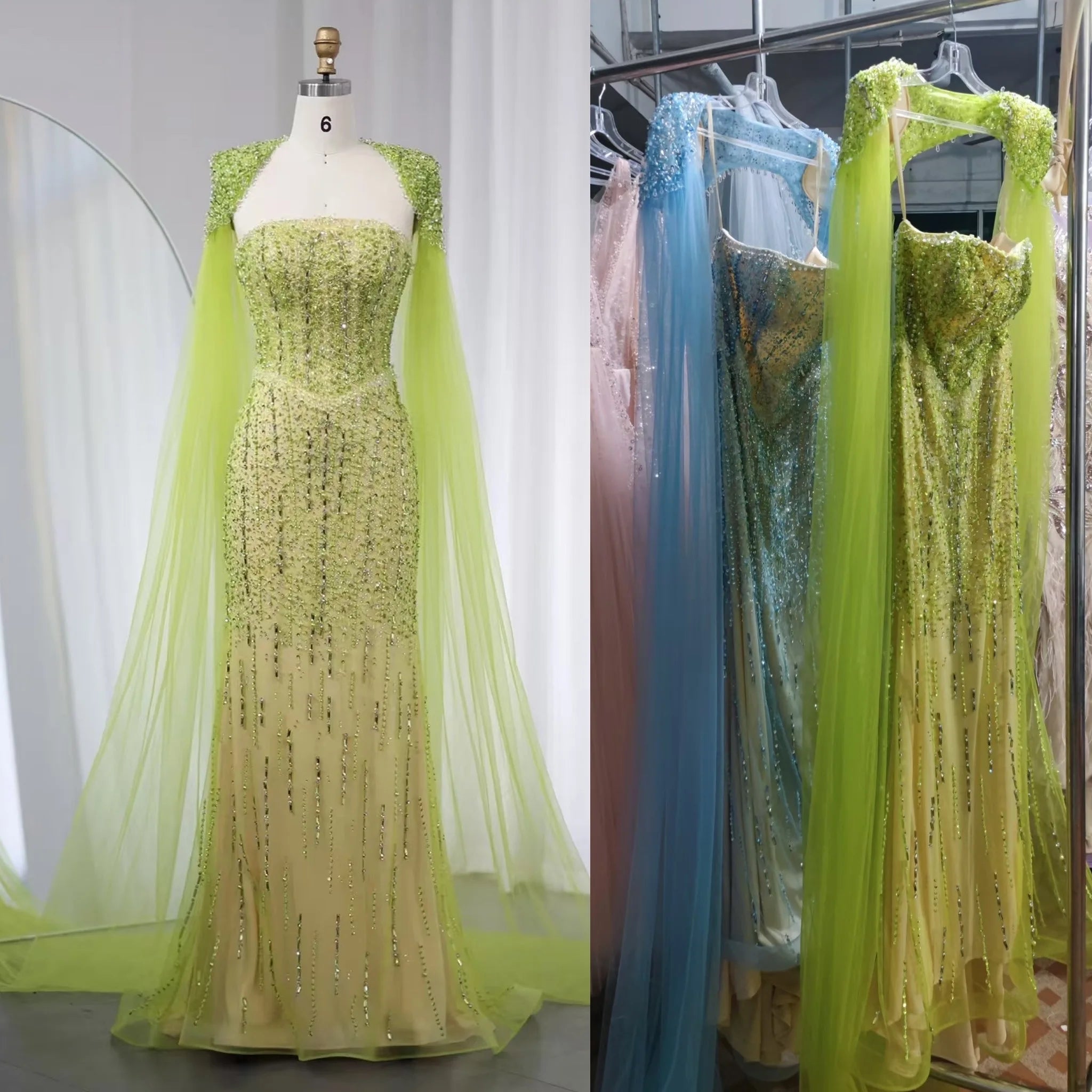 Luxury Beaded Mermaid Lime Green & Blue Evening Dress With Cape Sleeve Arab Women Wedding Party Prom Dress