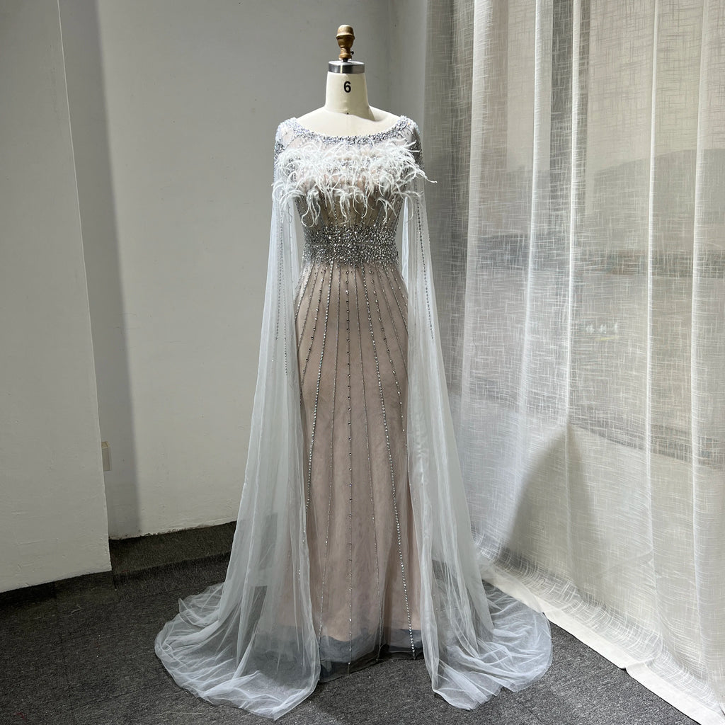 Luxury Silver Nude Elegant Mermaid Evening Dresses Gowns 2023 Feathers With Cape Sleeves Beaded for Women Party