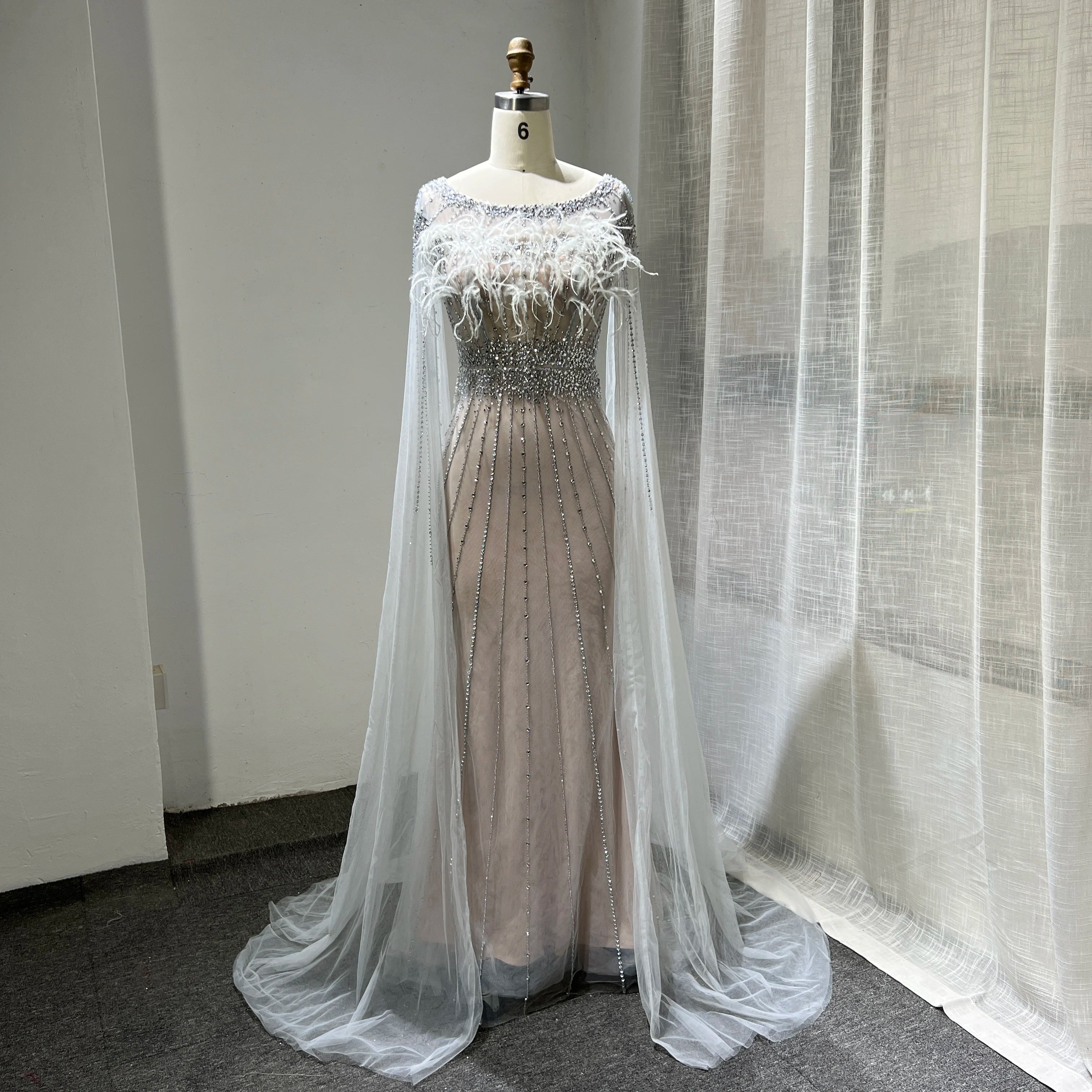 Luxury Silver Nude Elegant Mermaid Evening Dresses Gowns 2023 Feathers With Cape Sleeves Beaded for Women Party