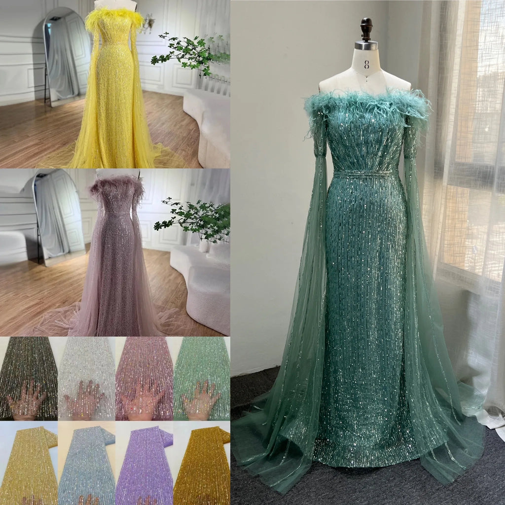 Luxury Dubai Glitter Feathers Beaded Cape Sleeves Off Shoulder Elegant Mermaid Sequins Evening Gown