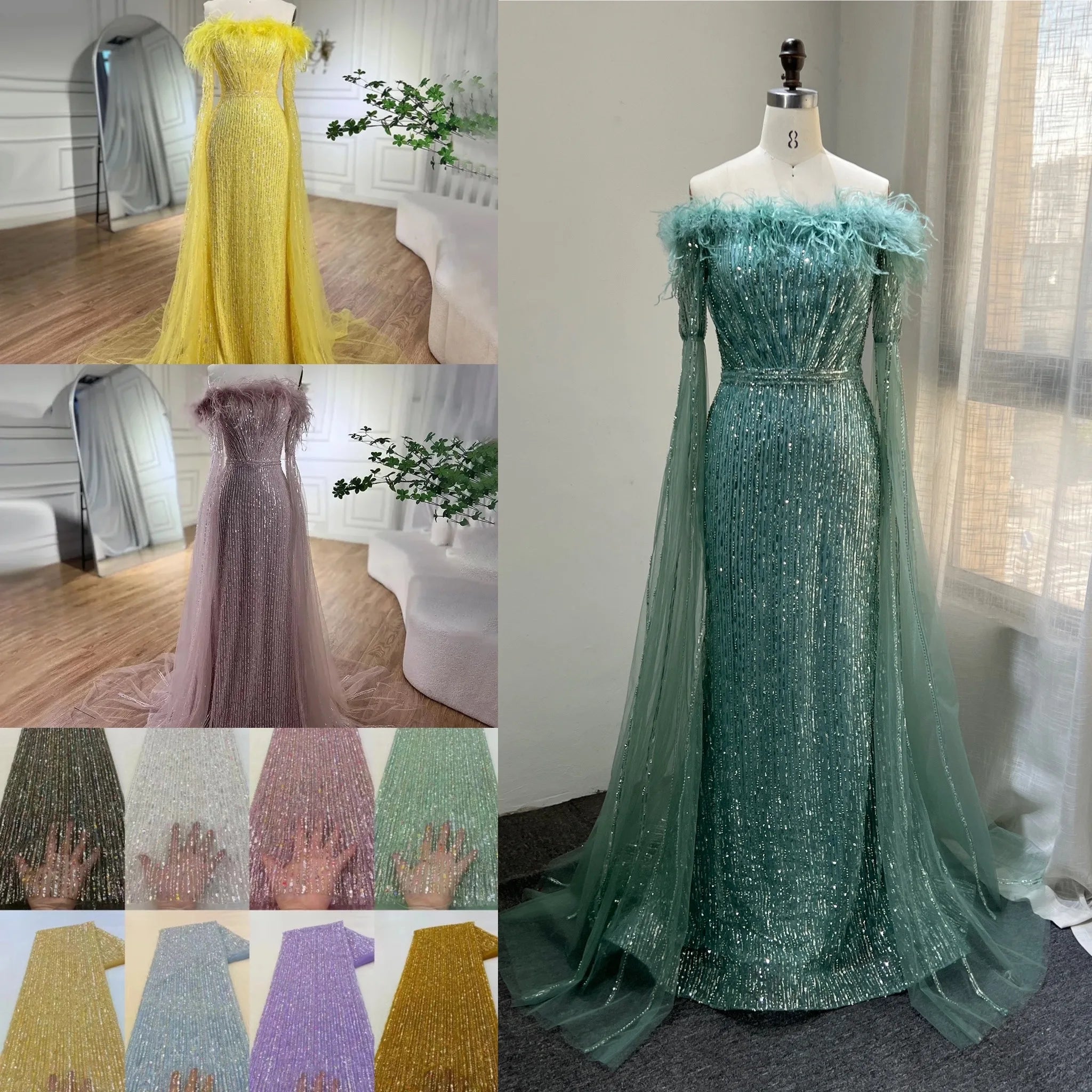 Luxury Dubai Glitter Feathers Beaded Cape Sleeves Off Shoulder Elegant Mermaid Sequins Evening Gown