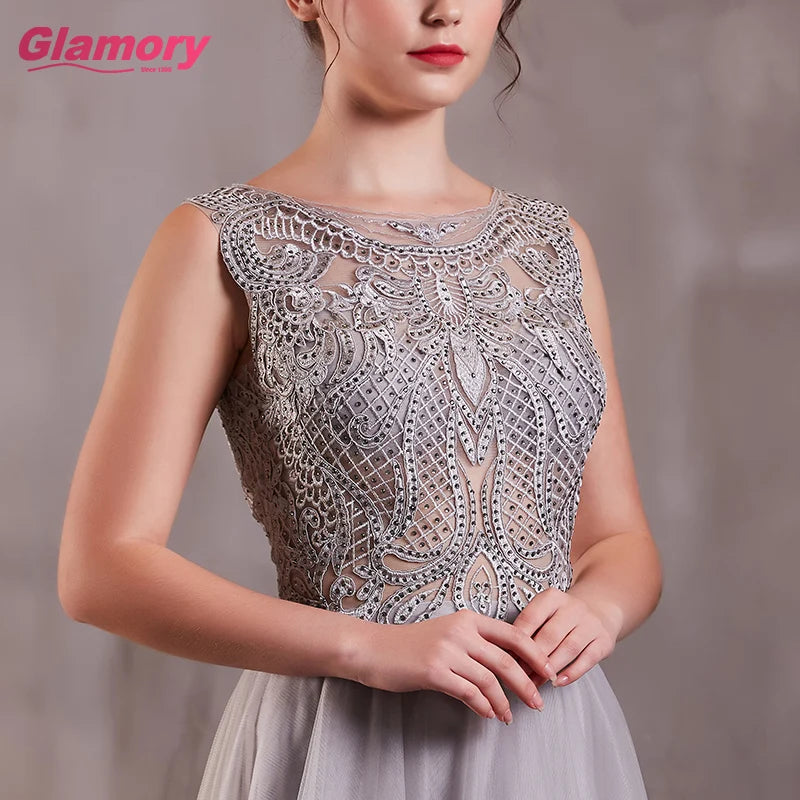 Gray Dresses Long Sexy See Through Lace Appliques Prom O-neck Floor-length Tulle Evening Dress