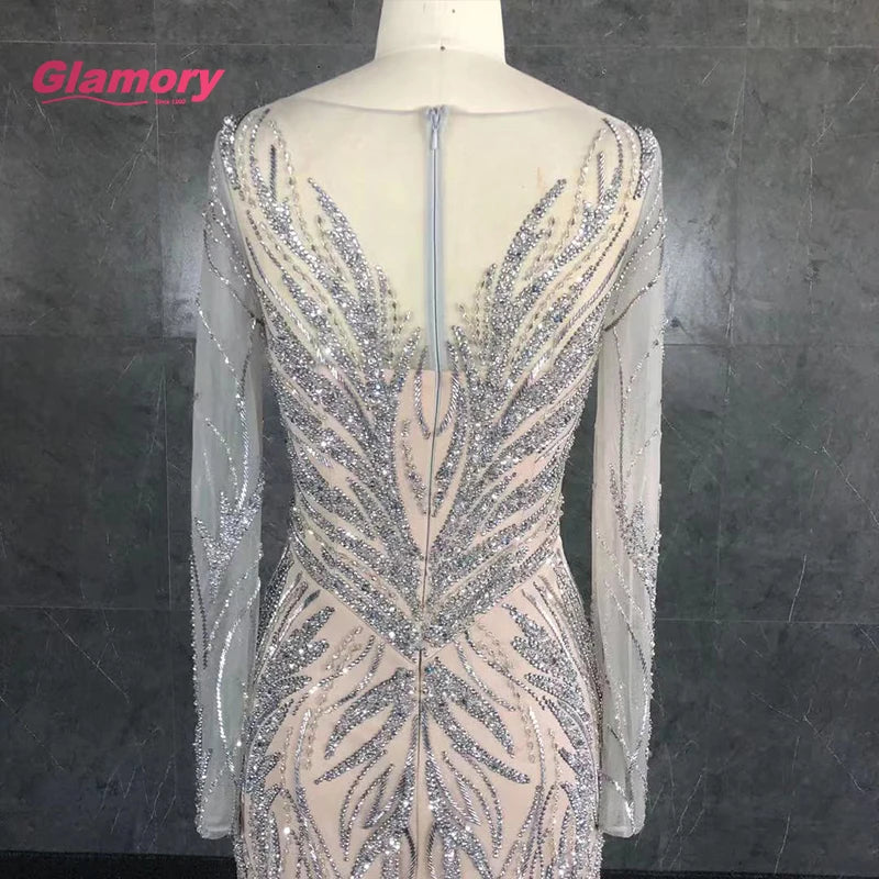 Nude  Feather Dress Sparkly Beading Sexy Party Wear Gowns Long Mermaid Formal Evening Dresses for Women