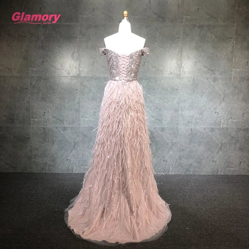 Hot Selling Sexy Woman Beading Prom Dresses Off Shoulder Feather Lady Evening Gowns