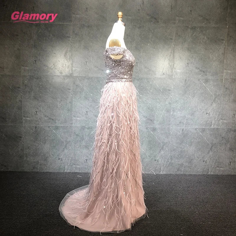 Hot Selling Sexy Woman Beading Prom Dresses Off Shoulder Feather Lady Evening Gowns