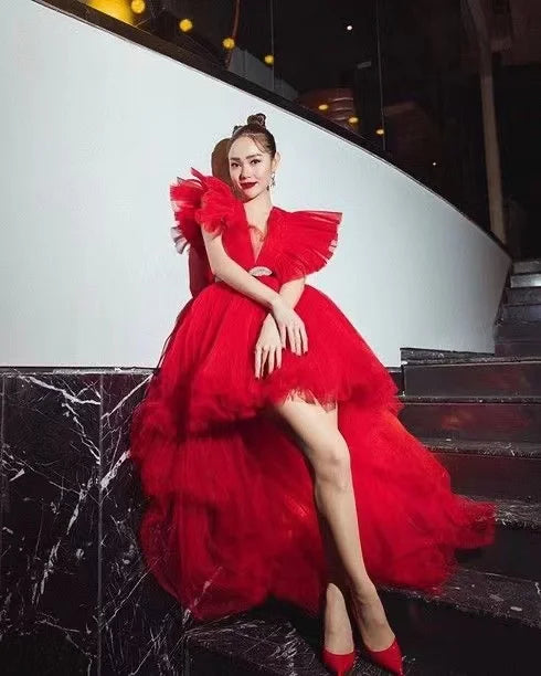 New Backless Pleated Three-dimensional Large Trailing Gauze Skirt Long Evening Dress Large Party Costumes for Birthday