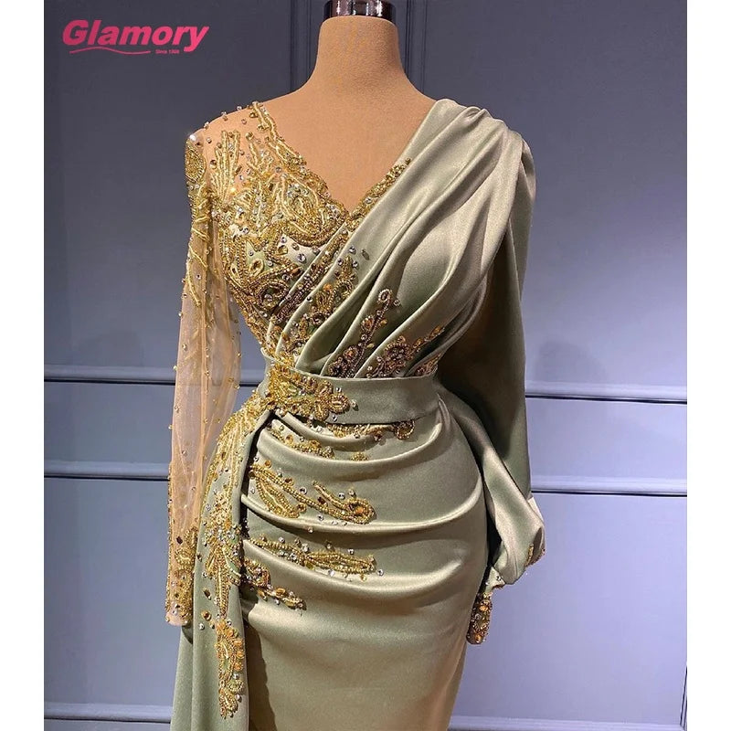 New Custom Luxury  Beading With Pleated V-neck Women Party Dresses Sexy Satin Evening Dresses