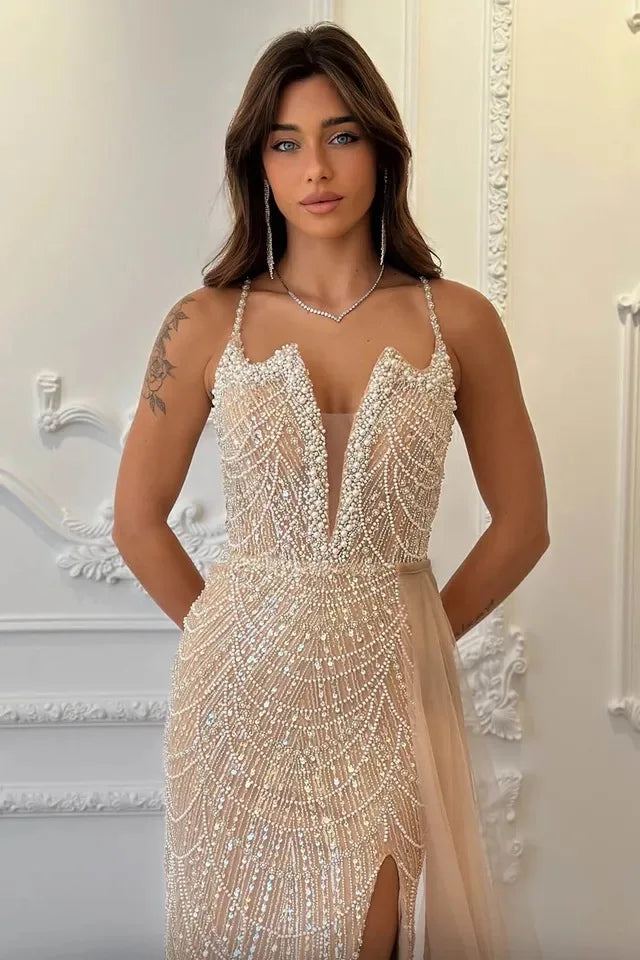 Luxury Dubai Mermaid Nude Evening Dresses Elegant Sweetheart Beaded Arabic Women Wedding Party Gowns