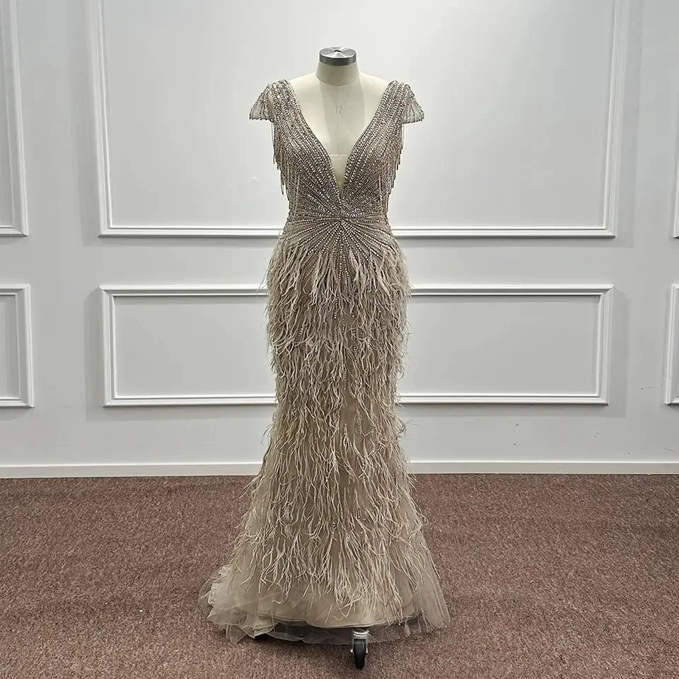 Luxury Dubai Champagne Feathers Evening Dress Mermaid Prom Formal Dress for Women Wedding Party Gown