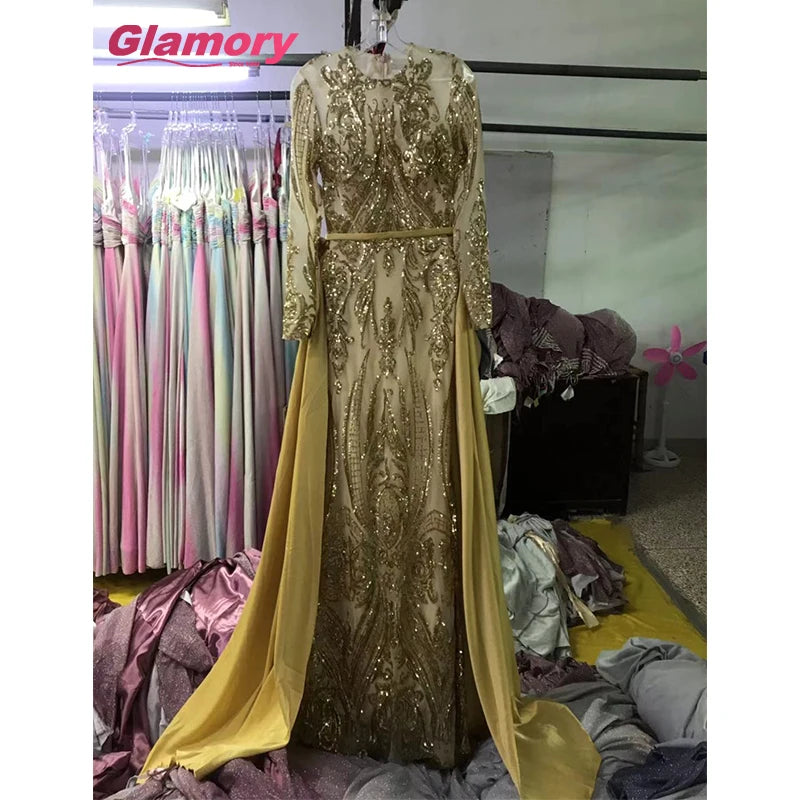 Luxury Muslim Mermaid Evening Sequin Long Sleeves Detachable Train Dubai Saudi Arabic Formal Dress Prom Gown Robe De Soiree