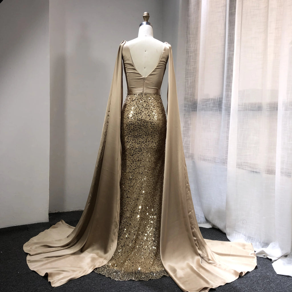 2021 Long Sleeves Mermaid Evening Dresses Long Satin Party Gowns Beading Elegant Evening Dresses for Women