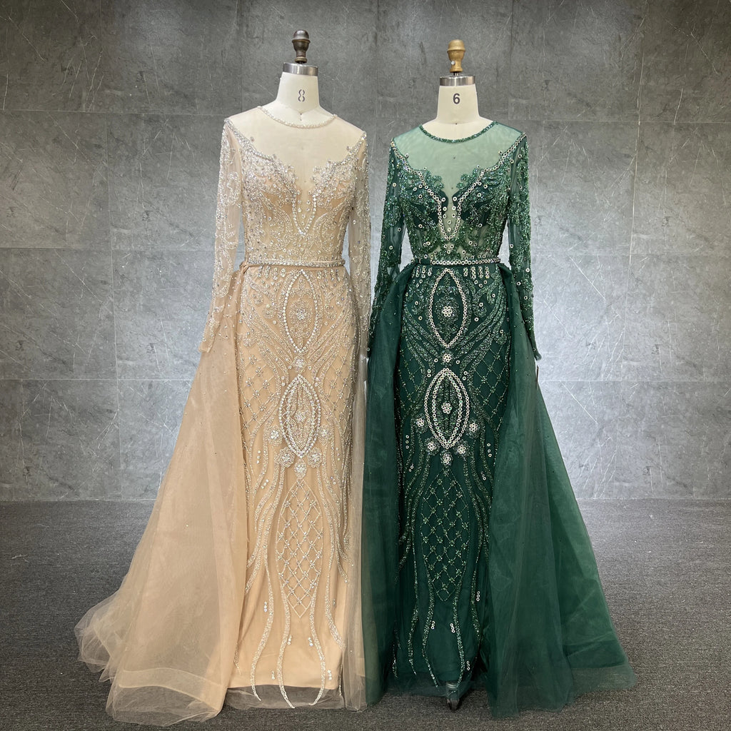 New Muslim Nude Silver Elegant Mermaid Beaded Luxury With Skirt Long Sleeve Evening Dresses Gowns