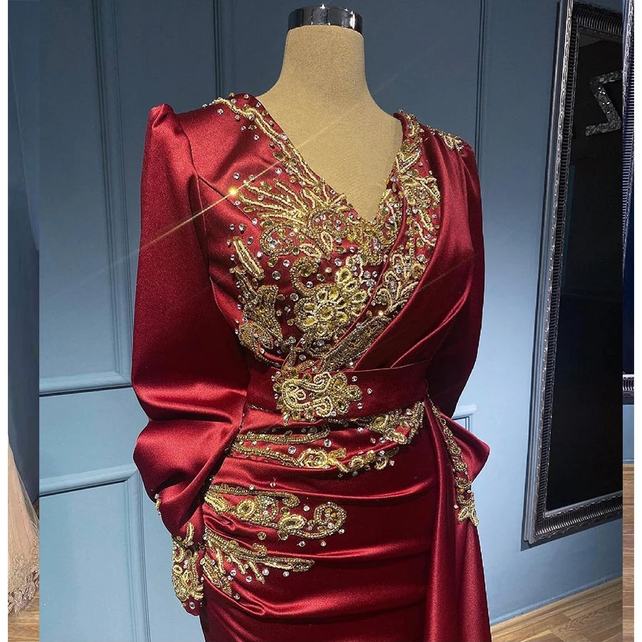 Modest Long Sleeve Handmade Beaded  Ruffle Satin Party Elegant Mermaid Party Evening Dress for Woman