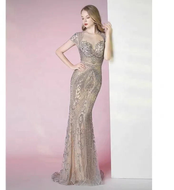New Luxury Diamond Evening Dresses Gowns Cap Sleeve Mermaid Elegant for Women Party Dresses