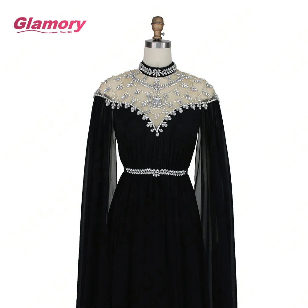 Cheap Dresses Kaftan Abiye Black Evening Dress Long Sleeves Beaded Crystal Chiffon Formal Gown Women Elegant Vestido Robe