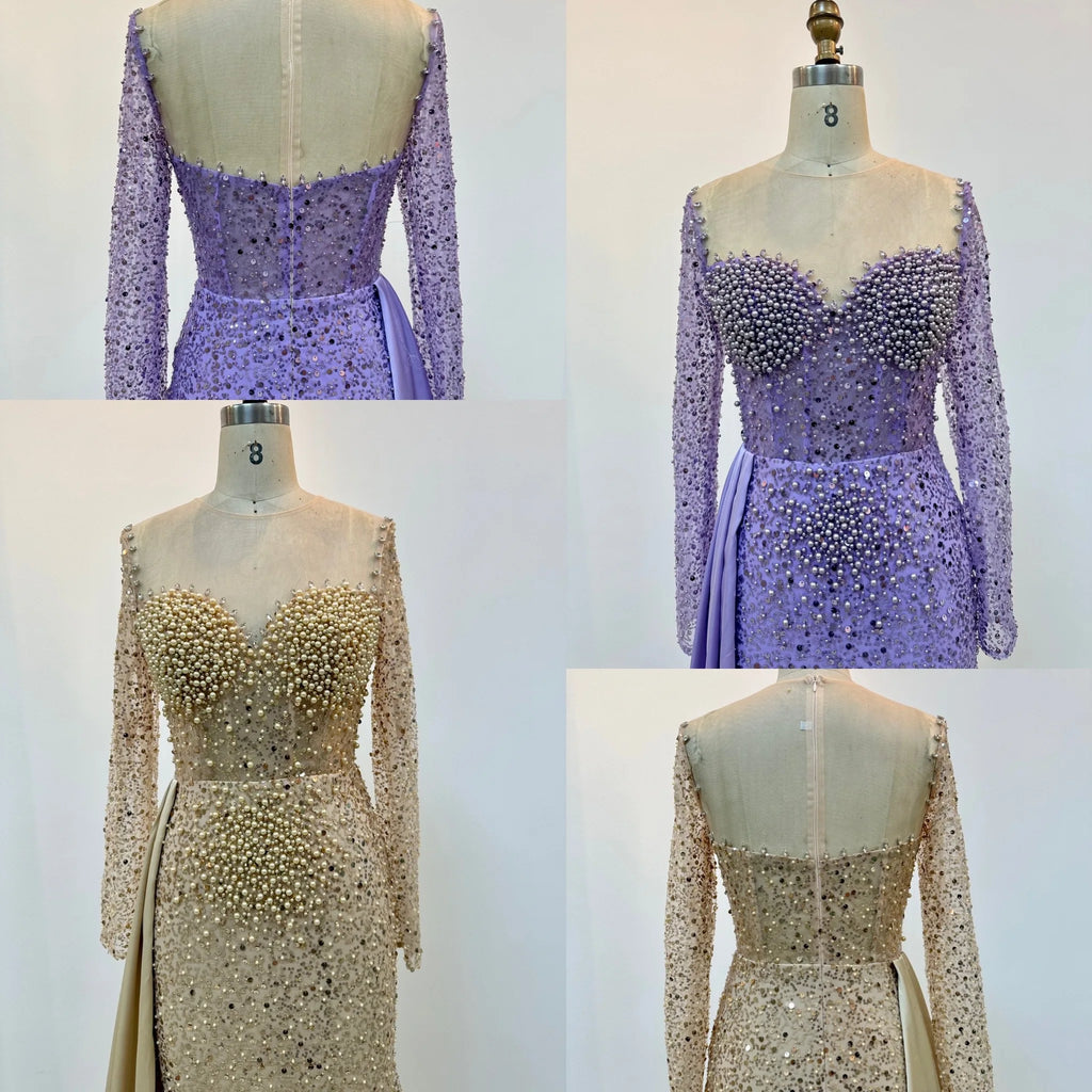Purple Mermaid Elegant With Overskirt Luxury Pearls Beaded Evening Dresses Glitter Pearls Sequins Party Dress for Women 2025