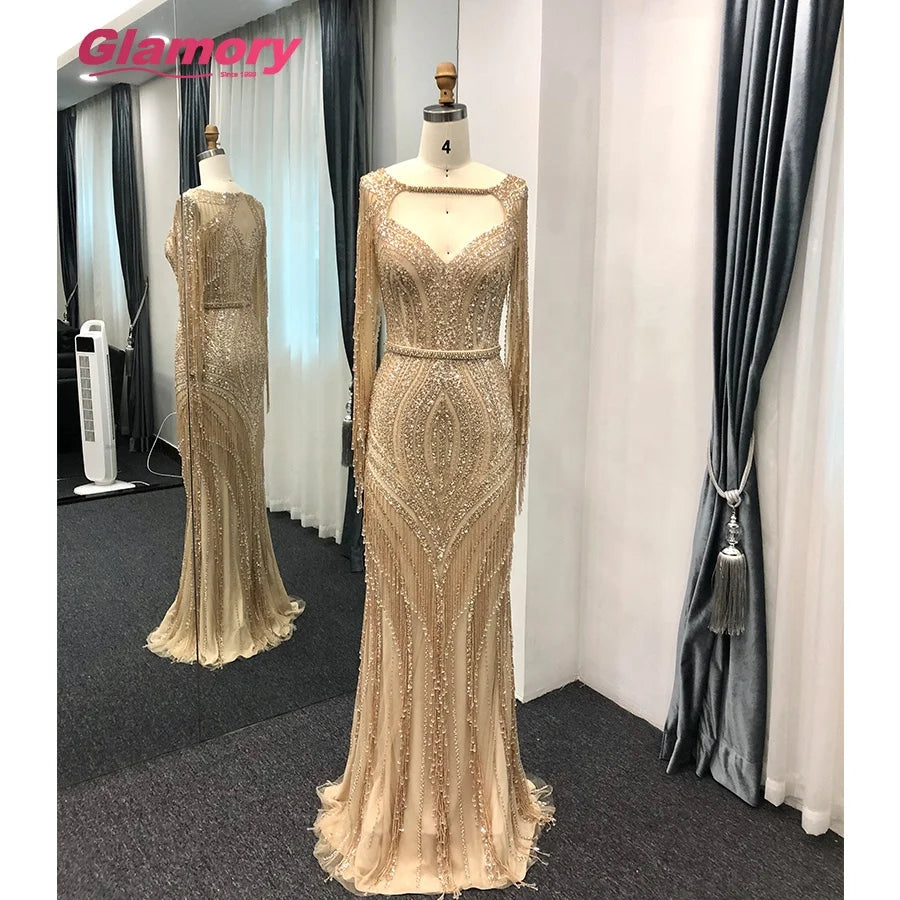 2020 Dubai Turkish Aibye Handwork Maxi Evening Long Sleeve Sparkly Robe De Soiree Prom Dress Formal Gowns for Woman
