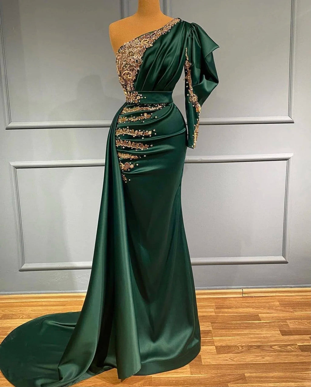 Modest One Shoulder Satin Evening Dresses 2022 Women Trumpet/Mermaid Handmade Beading Evening  Gowns