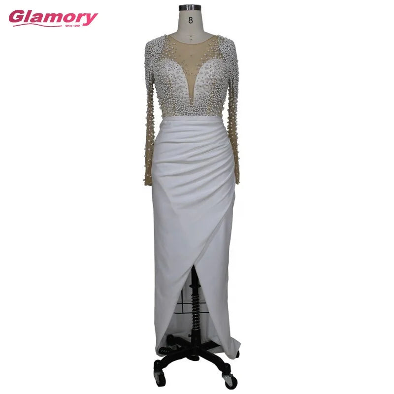 2020 New Women's Long Sleeve Vestido De Novia Pearl Split Wrapped Evening Dress O Neck African Women Formal Gowns