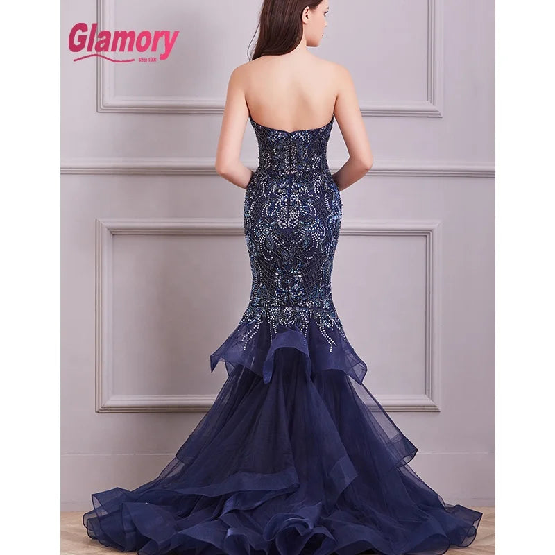 Dark Blue Real Sample Pictures Dresses Beaded Mermaid Evening Dress With Great Price