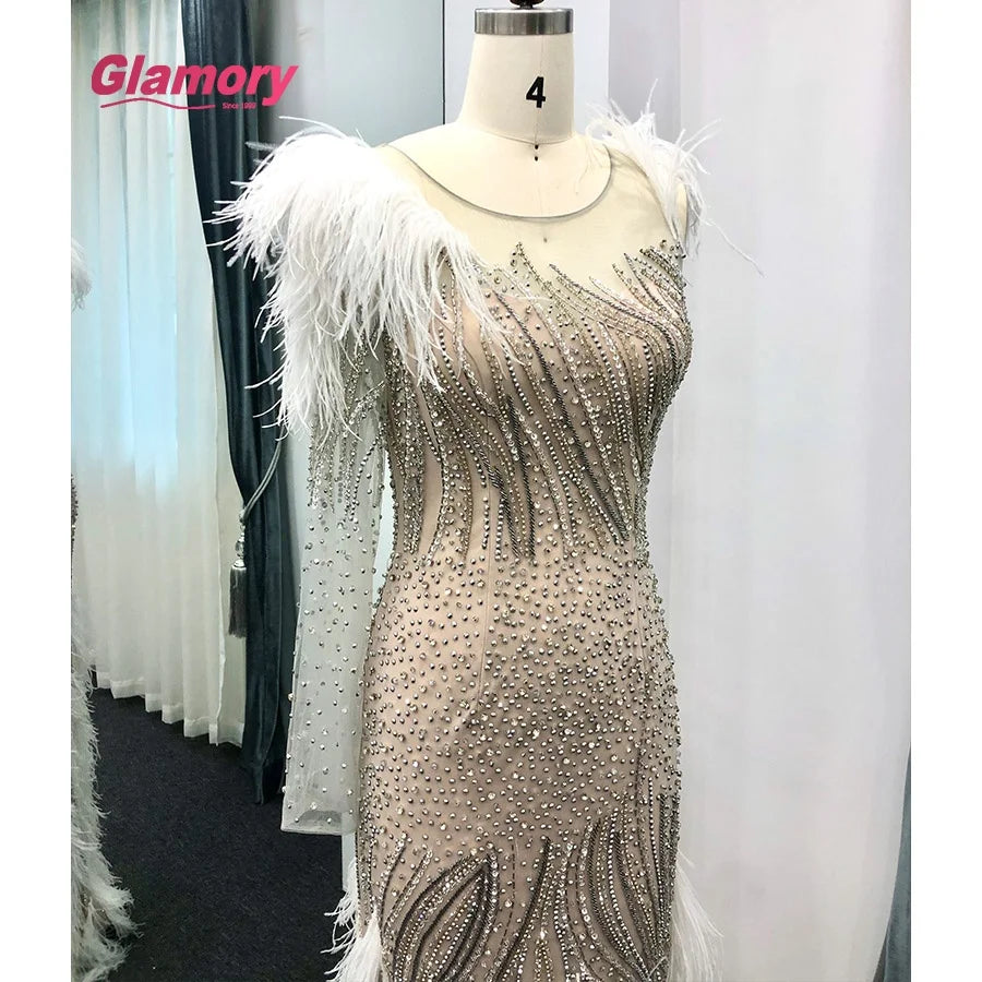 One Shoulder Tirkish Evening Champagne Muslim Prom Dress With Beaded Feather Ball Gown Dresses