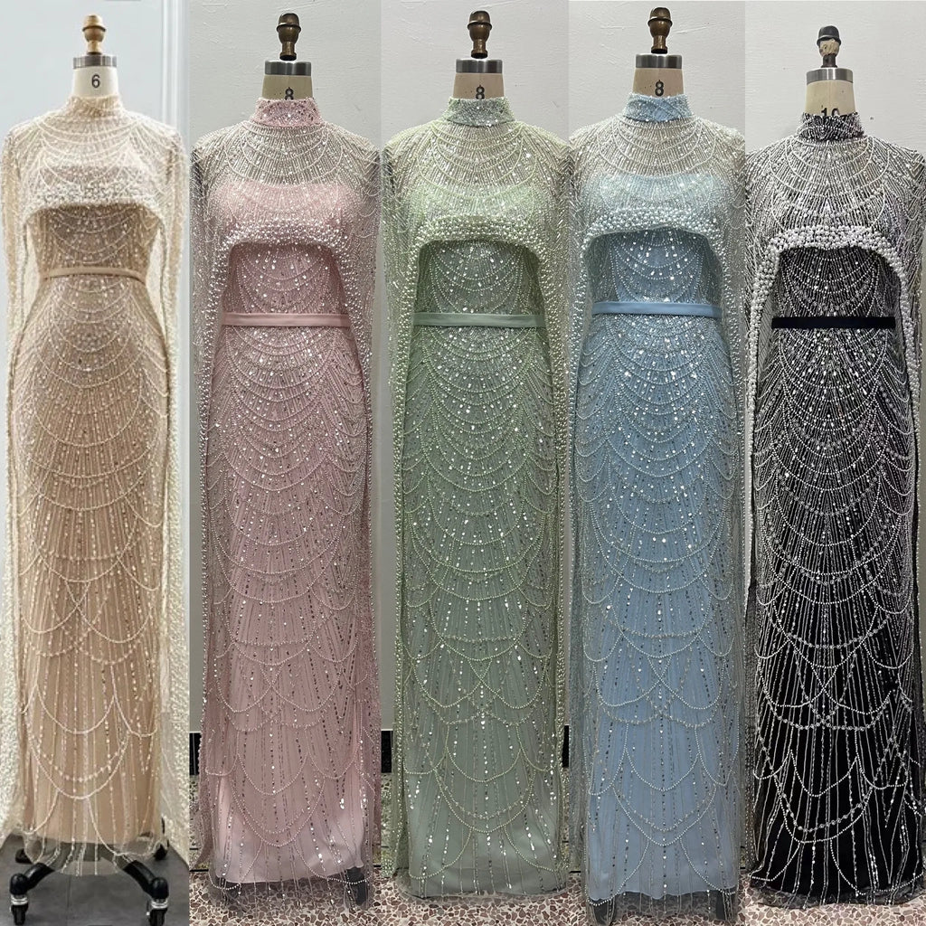 Luxury Dubai Evening Dresses With Cape Heavy Pearls Formal Occasion Dresses for Women Arabic Wedding Party Gowns