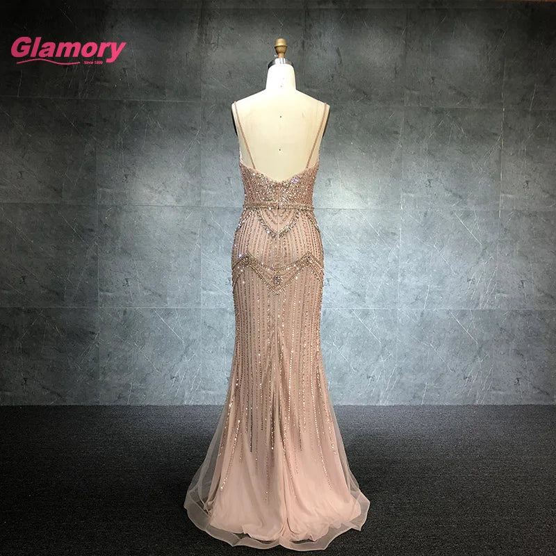 Elegant Champagne Mermaid Dress Shiny Crystal Beaded Sexy V-neck Party Evening Prom Formal Long Dresses for Women