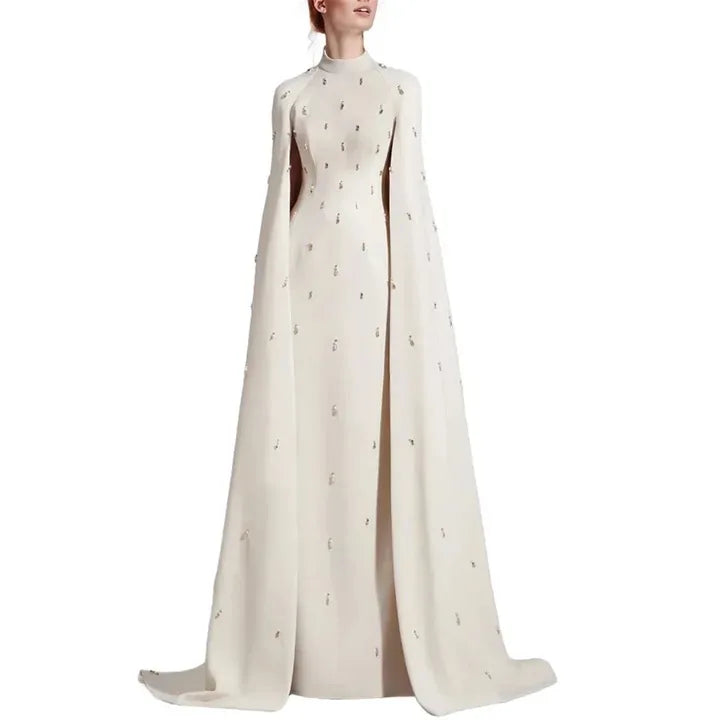 White Saudi Arabia Cape Sleeve Evening Dress Luxury Beaded Cape Dubai Women Wedding Guest Formal Party Dress