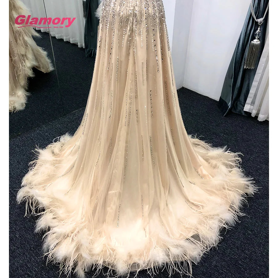Champagne Heavy Beaded WIth Feather High Slit Sexy Open Leg Prom Dress Formal Evening Dresses 2020