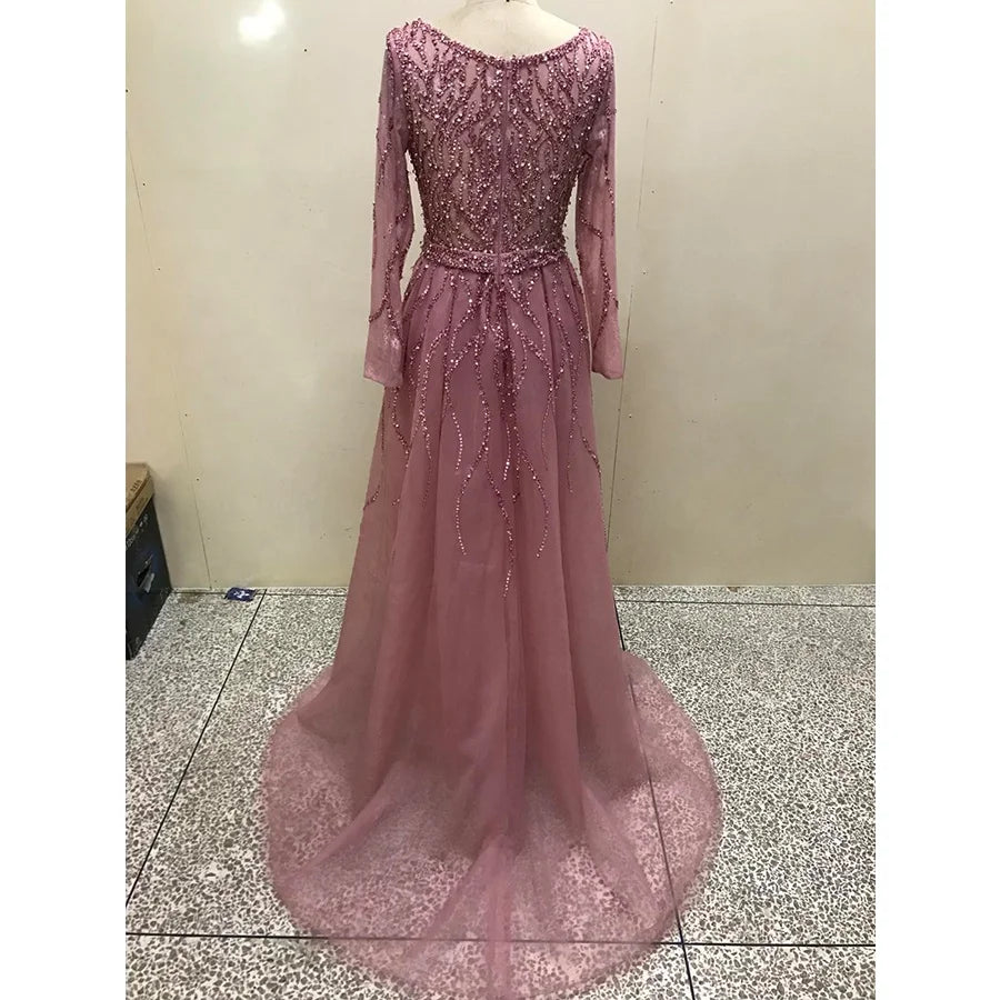 2022 Long Sleeves Luxury Evening Dresses Dubai V Neck Diamond Mermaid Beading Formal Dress