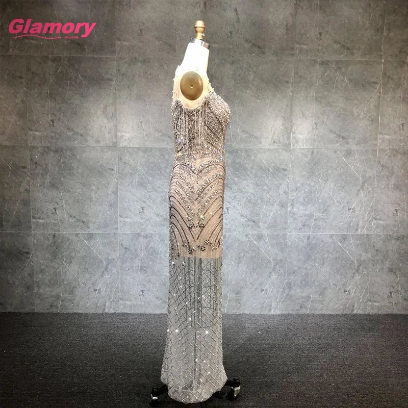 2021 New Arrival Crystal Luxury Evening Dress Long Tassel Beading Off Shoulder Women Party Evening Gown