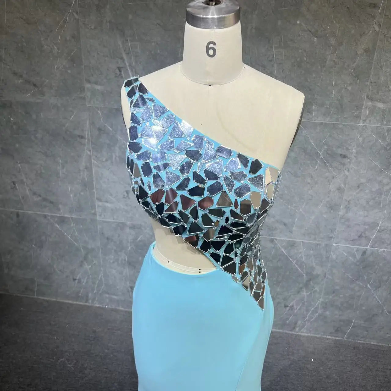 One-Shoulder High-Slit Long Prom Dress Glass Mirror Lady Preteen Girl Pageant Gown Formal Party Guest Runway