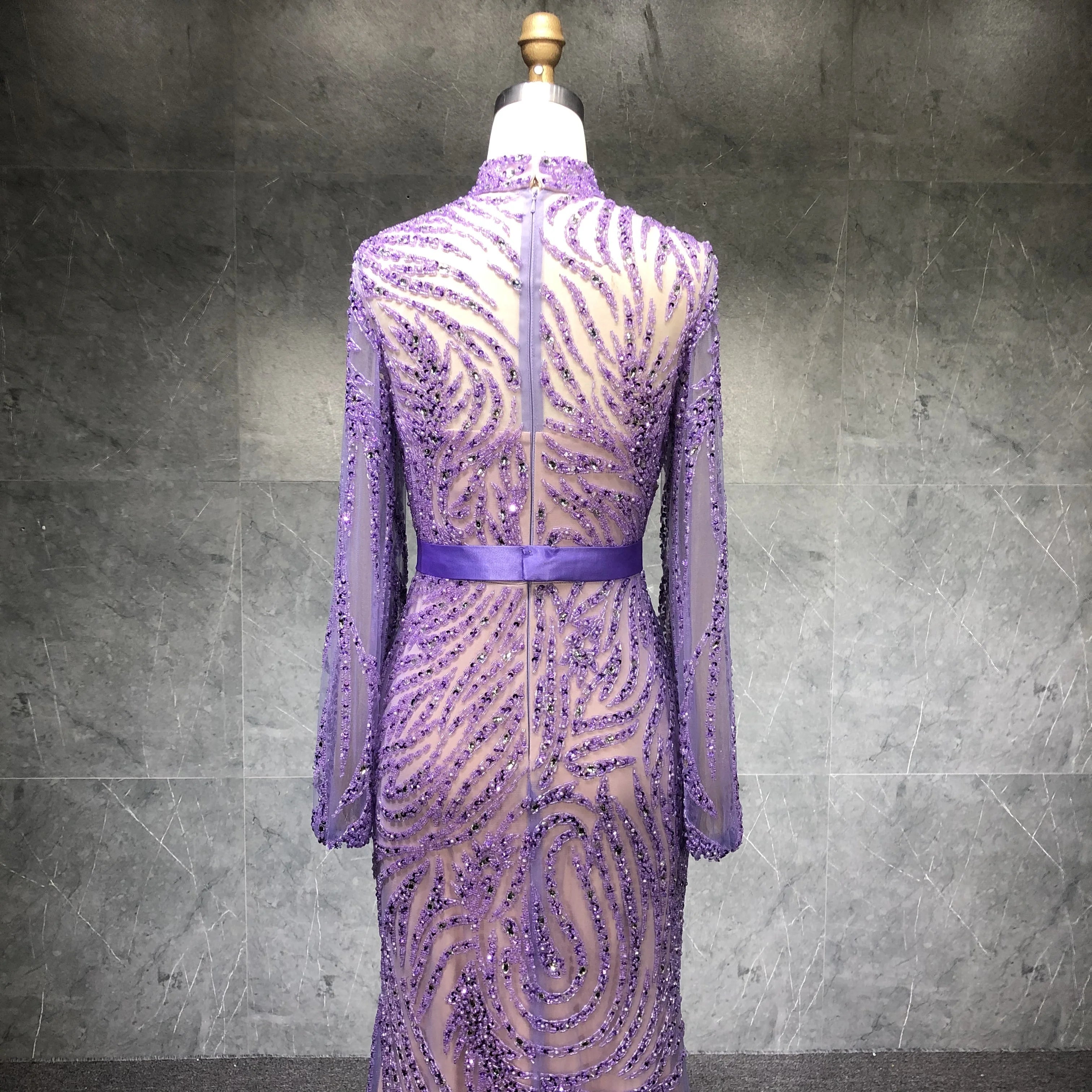 NEW Purple Mermaid Design Lady Bodycon Heavy Beading Elegant Party Long Evening Dress