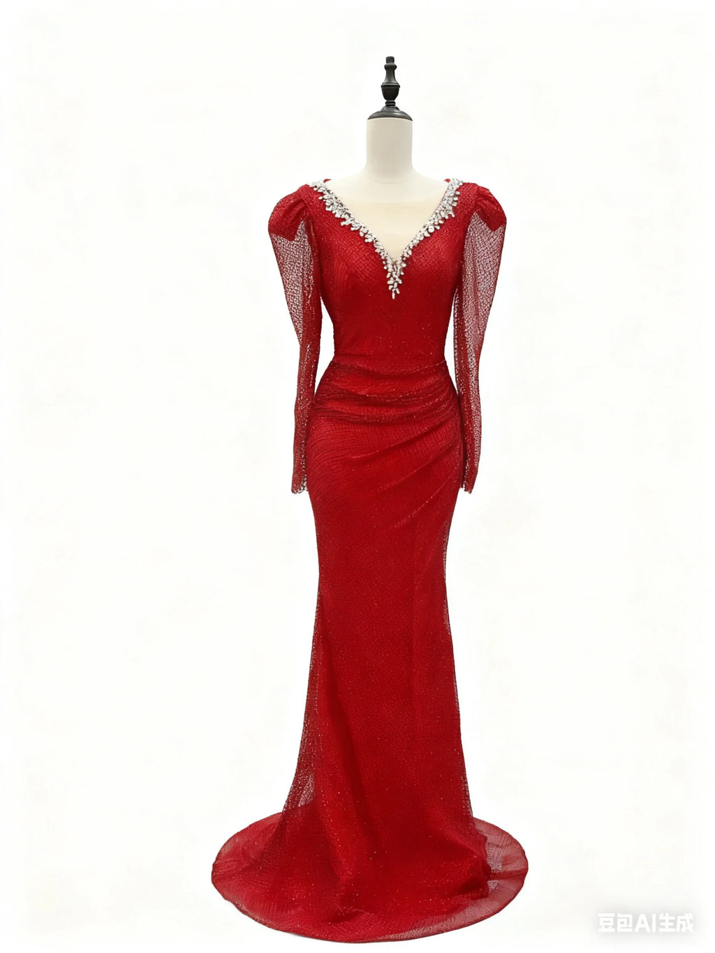 NEW Red Luxury Long Sleeve Woman Wedding Party Gowns Pearls Beaded Arabic Elegant Evening Dress