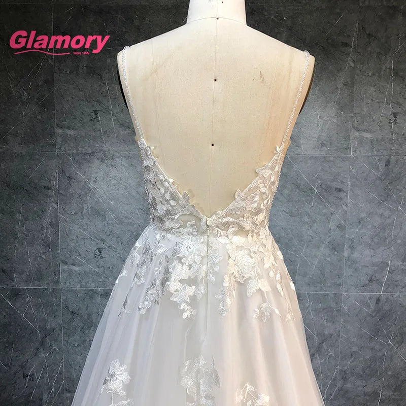 2020 Real Photo Gorgeous V Neck Floral Lace Beading a Line Floor Length Soft Tulle Wedding Dress
