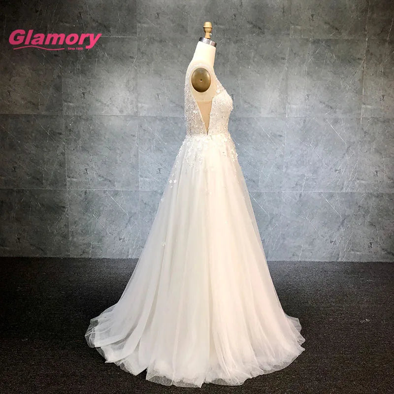 Ej test Latest A-Line V Neck Sleeveless Gown Lace Appliqued Tulle Bridal Wedding Dress