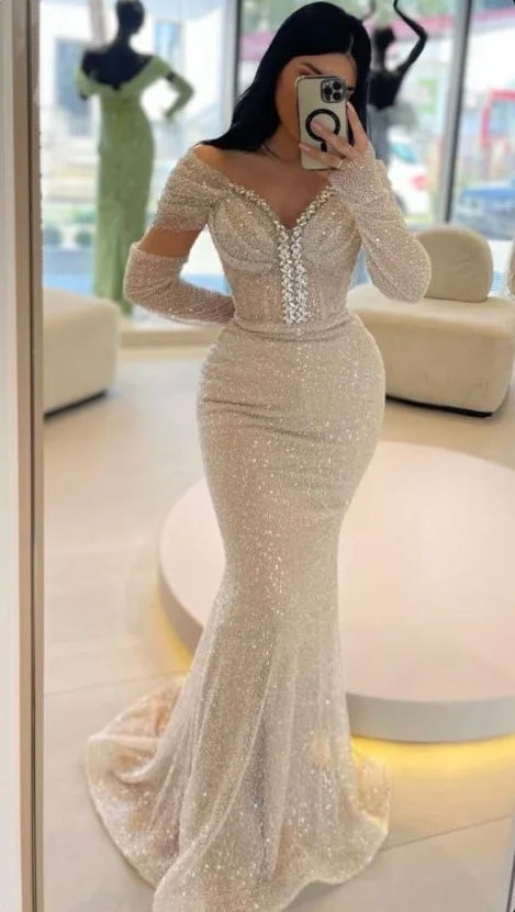 Light Champagne Pearls Evening Dress Women 2024 Mermaid Dress With Gloves Formal Prom Dresses