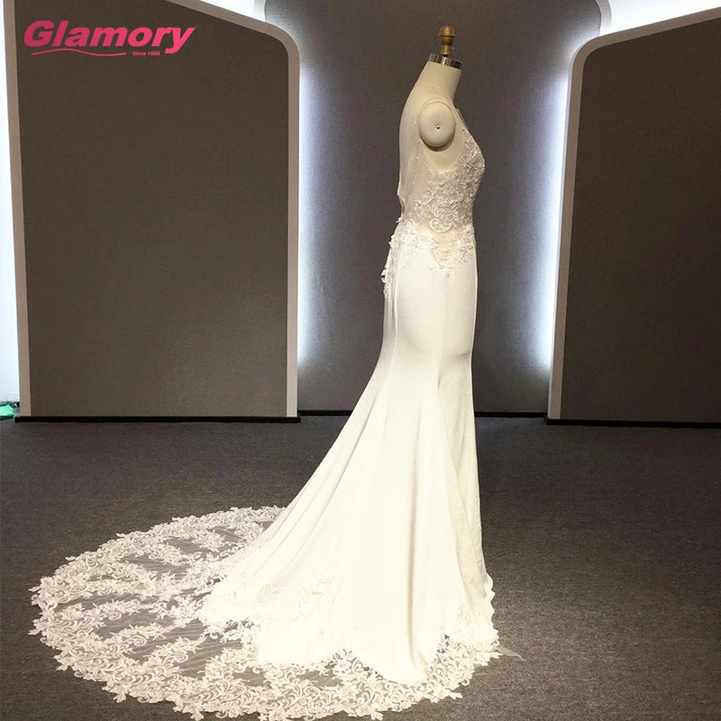 White Lvory Wholesale Cheap Mermaid Gown Satin Chiffon Lace Applique Bride Gowns Spaghetti Strap Illusion Sexy Wedding Dress
