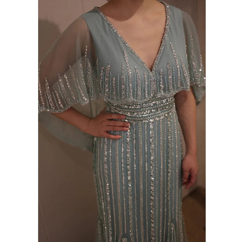 Turquoise V-Neck Mermaid Elegant Long Cape Beaded Luxury Dubai Evening Dresses Gowns for Women Wedding Party 2024