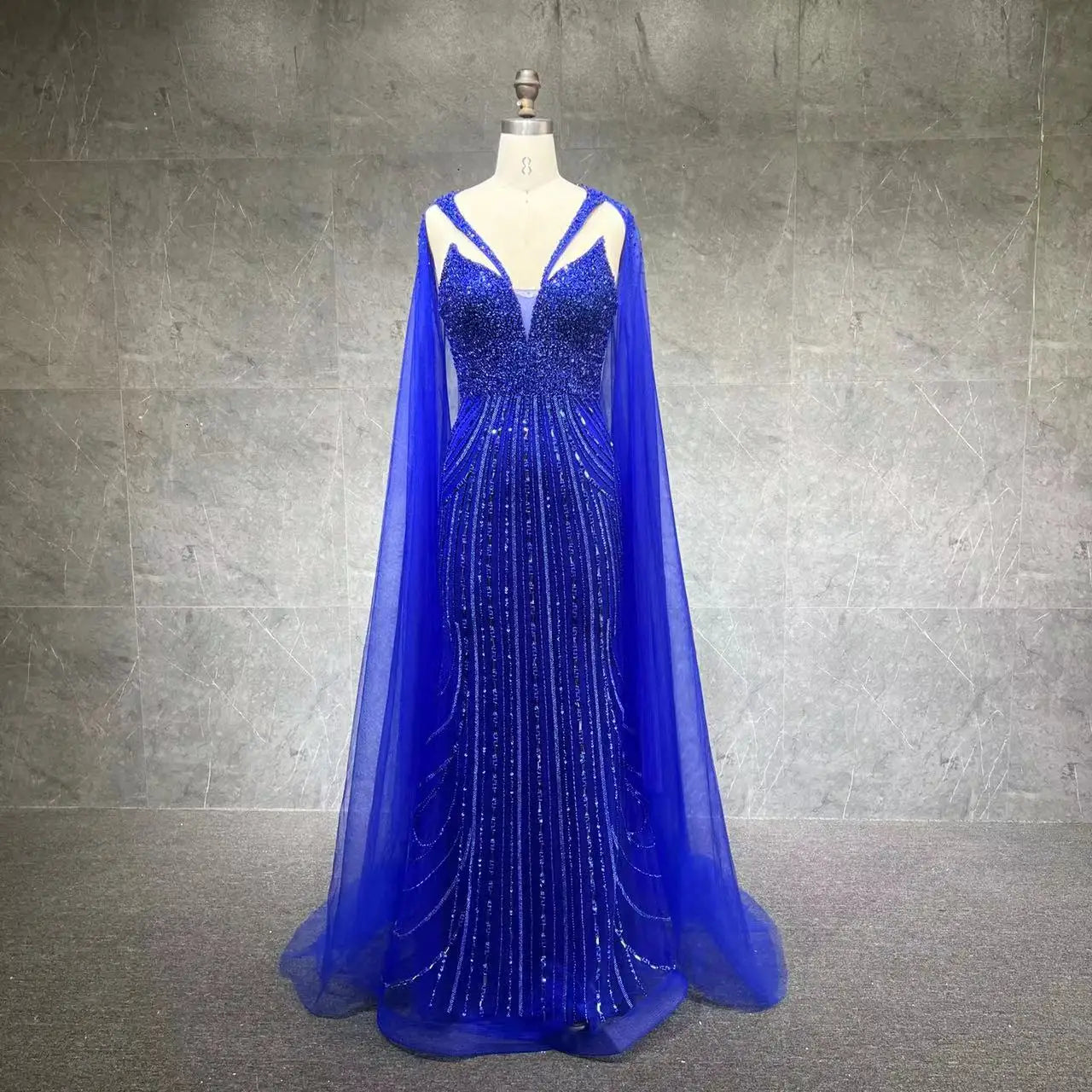 2025 Blue Luxury Dubai Beaded Lace Cape Sleeves Mermaid Evening Gown for Women Wedding Party Dresses