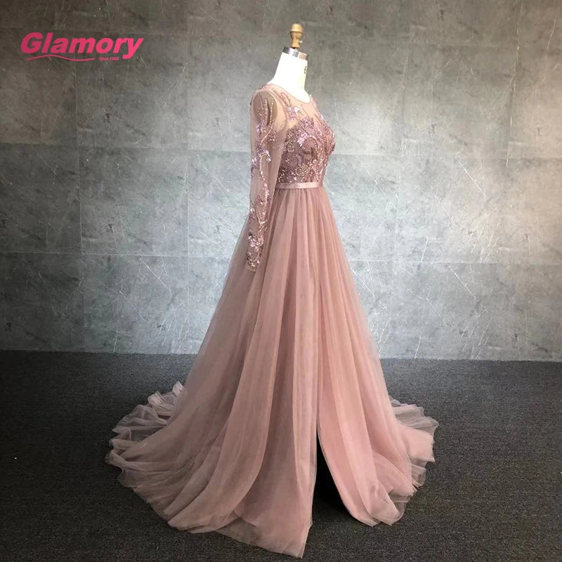 Pink 2020 New Elegant Full Sleeve Tulle Heavy Beaded With Belt Sexy Open Leg Prom Dress