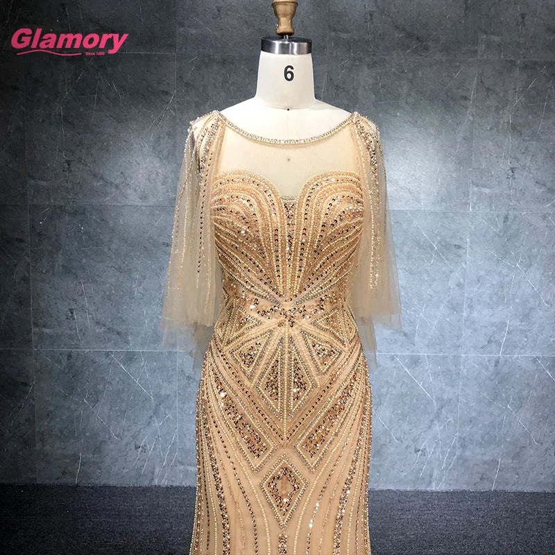 In Stock Luxury Cape Beaded Party Gown O Neckline Mermaid Evening Prom