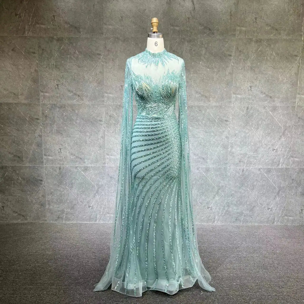 Luxury Dubai Beaded Lace Cape Sleeves Mermaid Evening Gown for Women Wedding Party Dresses